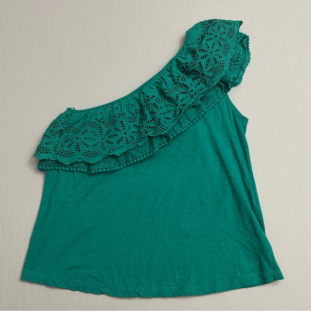 Anthropologie Shirt Womens Small S Eyelet Green One-Shoulder Lace CottonTop